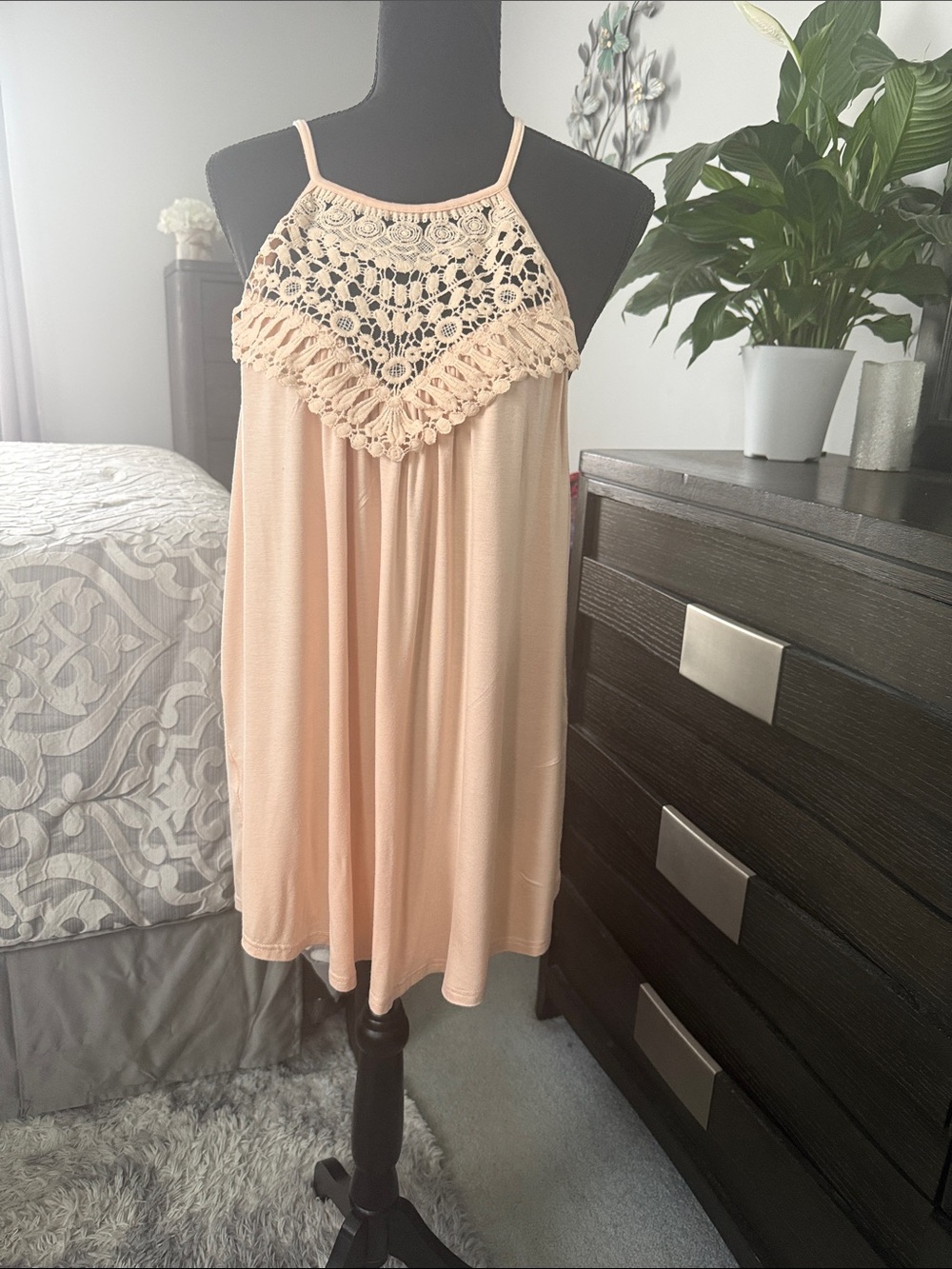 Peach Crochet Yoke Halter Tank Top